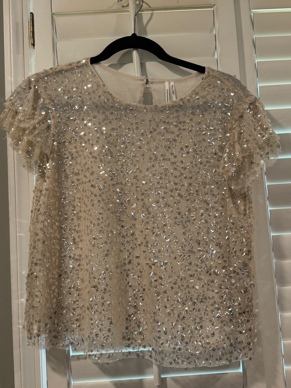 Anthropologie size XS Ivory Sequin Tulle Short Sleeve Top
